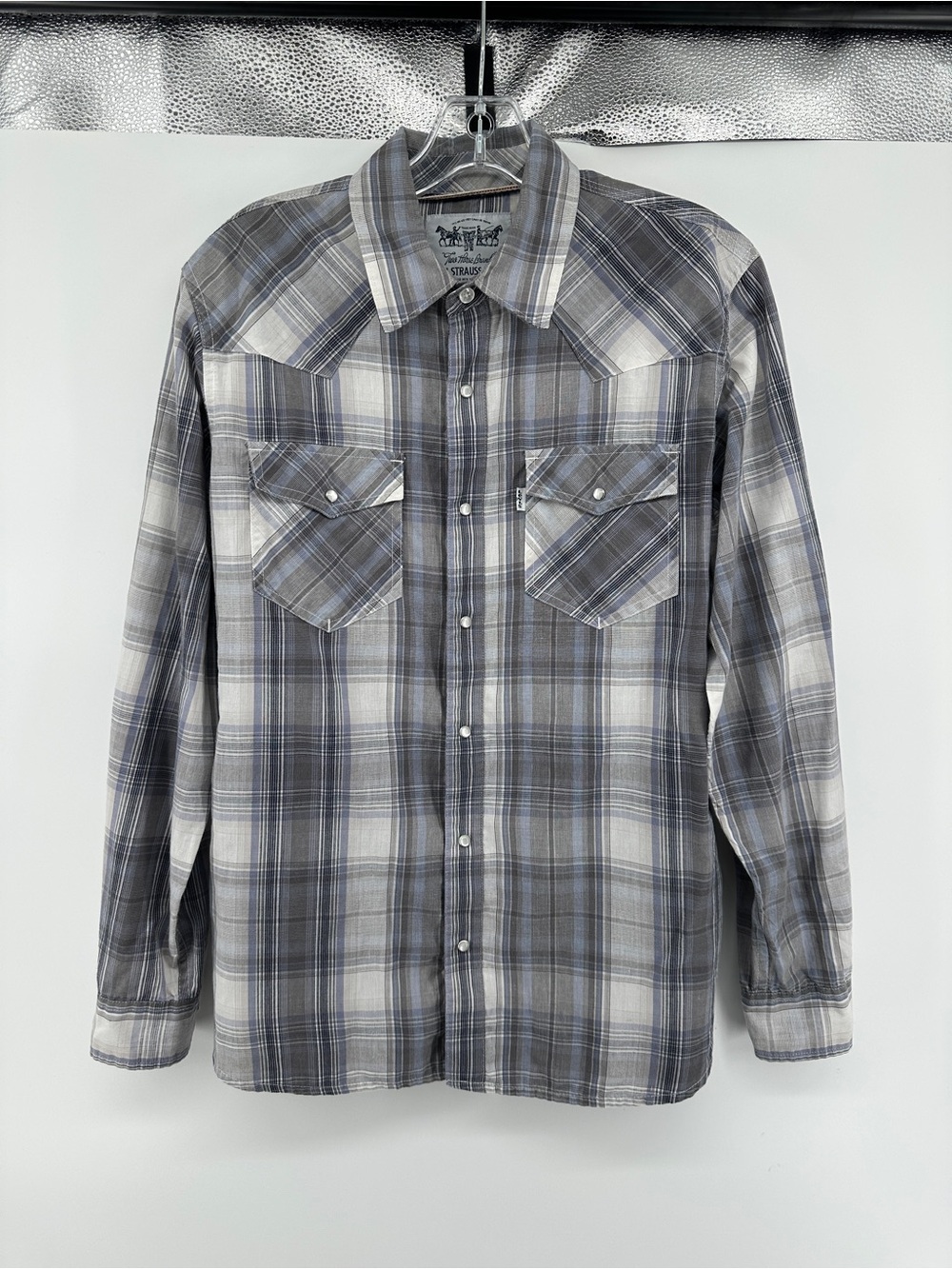 Levi's Western Cabincore Rugged Gorpcore Grunge Gray/White Plaid B/F Shirt SzS